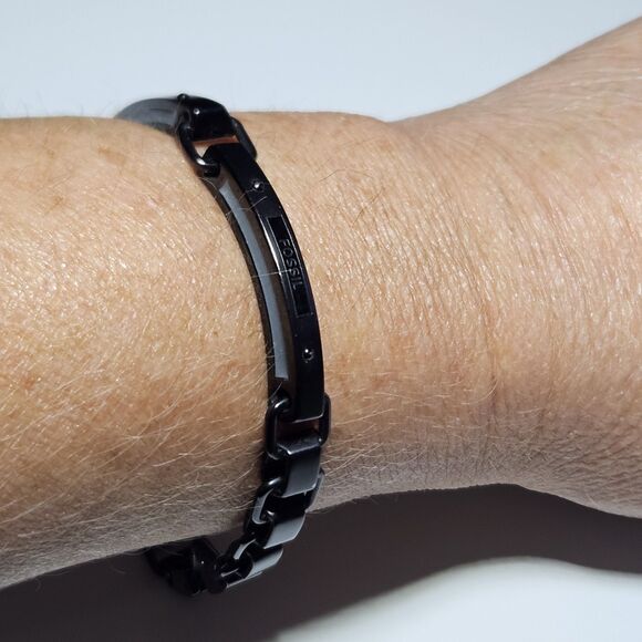 *Sale* Fossil Black Steel Link Bracelet 8" Unisex - Picture 8 of 16